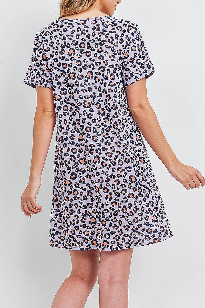 Rolled sleeve twist front hem leopard pocket dress (DED6577)