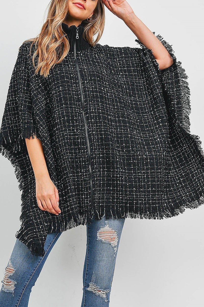 Knit fringe w zipper warm kimono poncho (DGS5301)