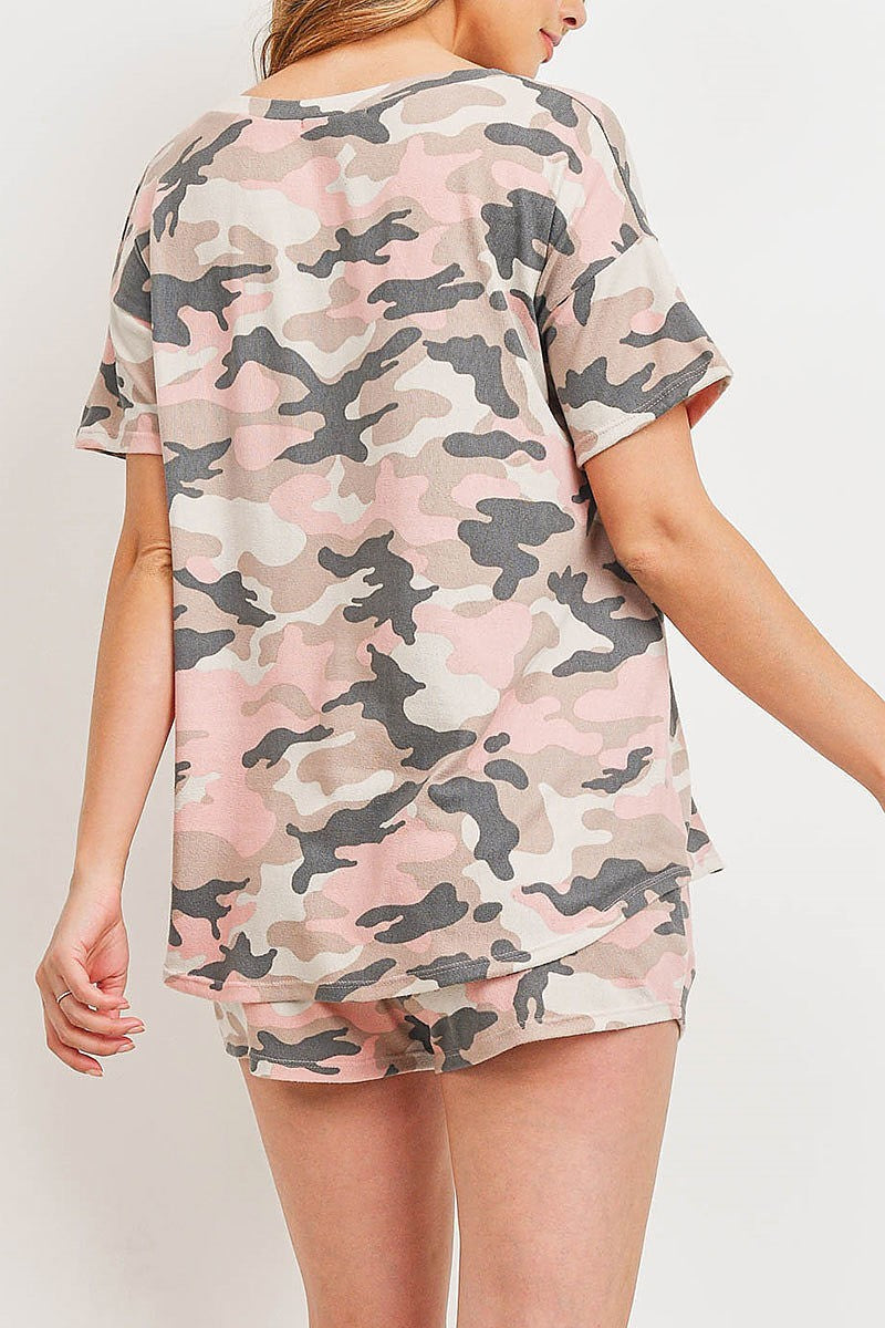 Camouflage v neck top and shorts set with self tie (ED9408)