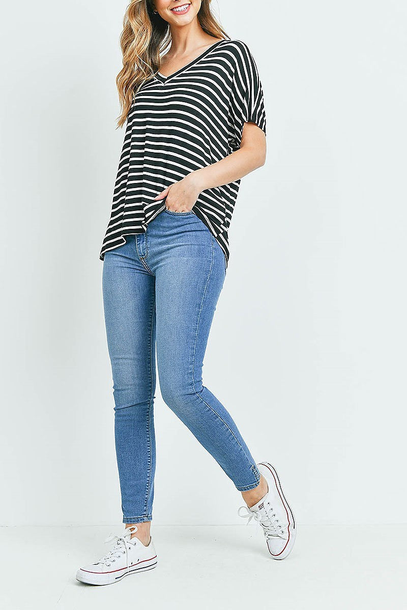 V neck stripe loose fit top (ED9531)