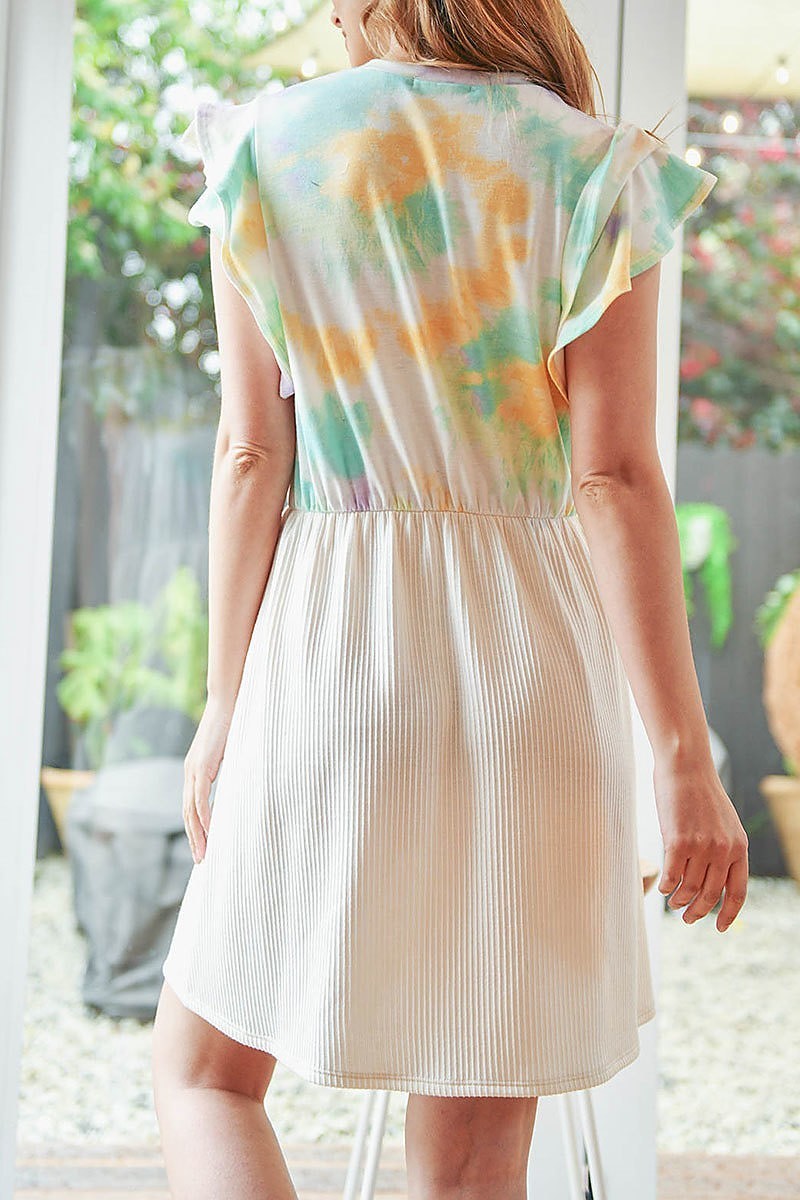 Tie dye layered cap sleeve rib detail contrast front ribbon dress (DED6208)