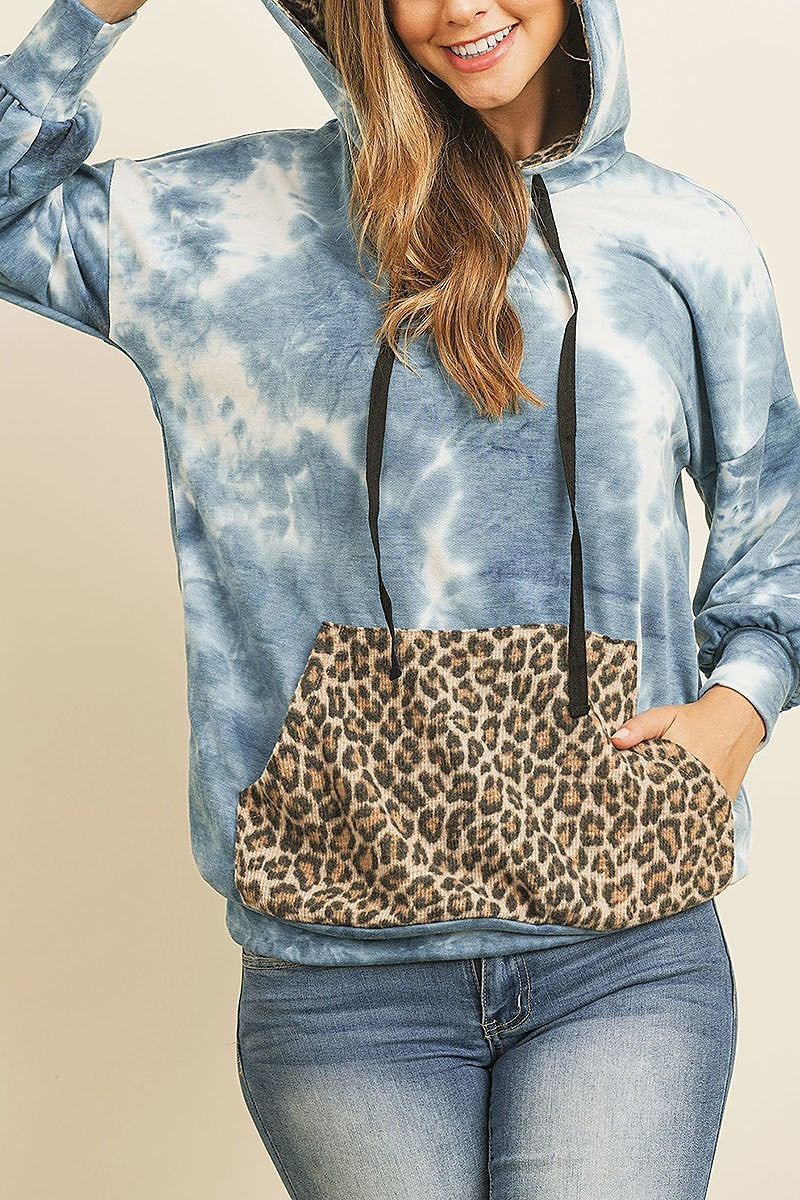 Tie dye long sleeve leopard contrast pocket hoodie with drawstrings (ED8250-LAST)