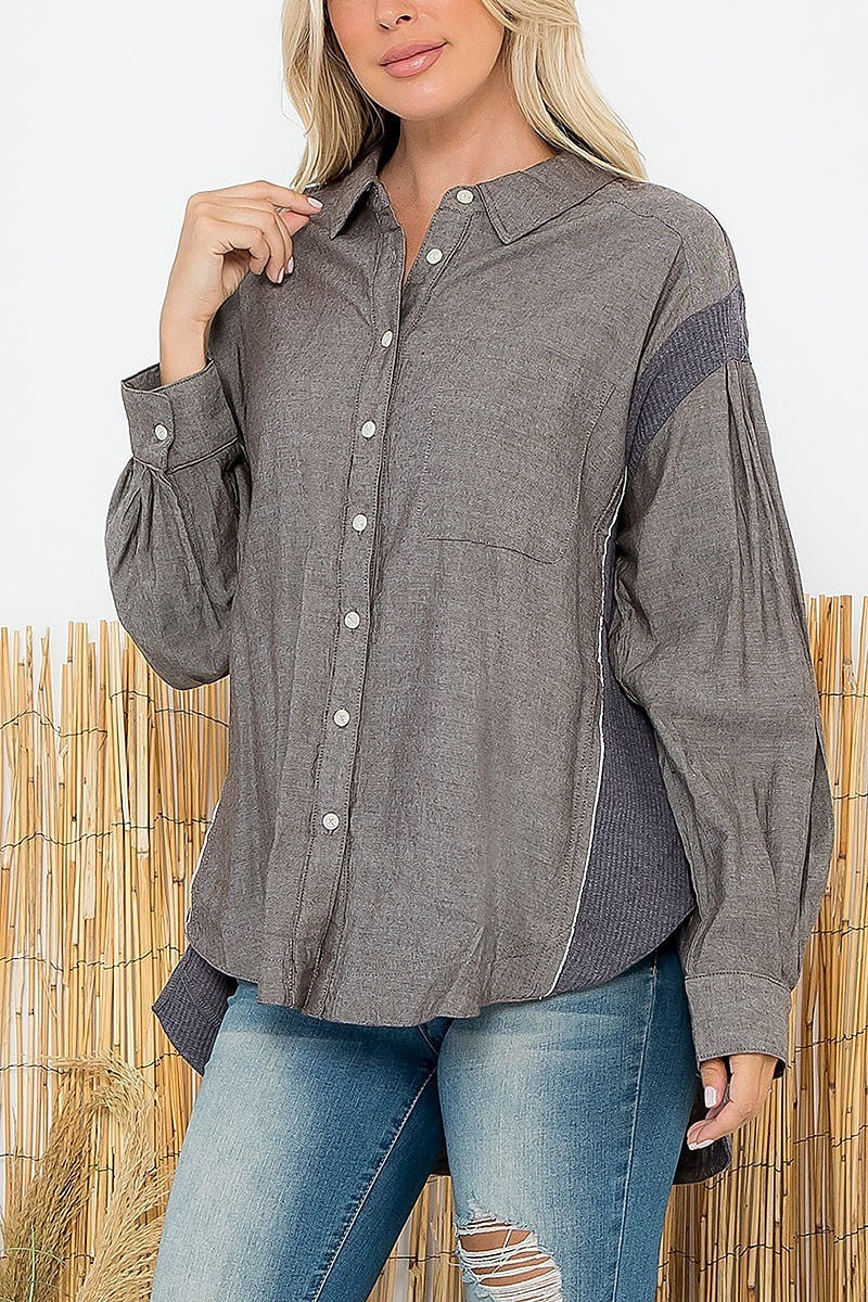 Rib contrast button down top (EF6092)