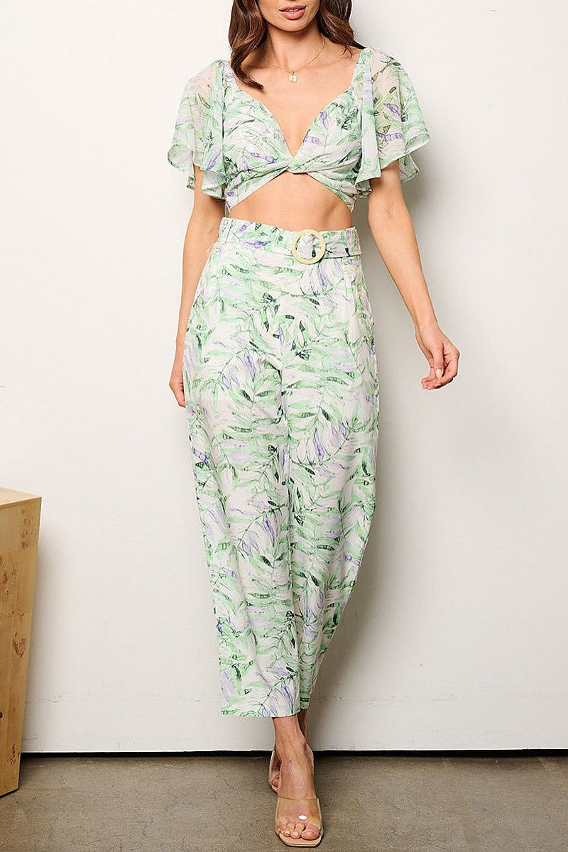 Crop top & belted pockets pants leag print set (EFWT9235)