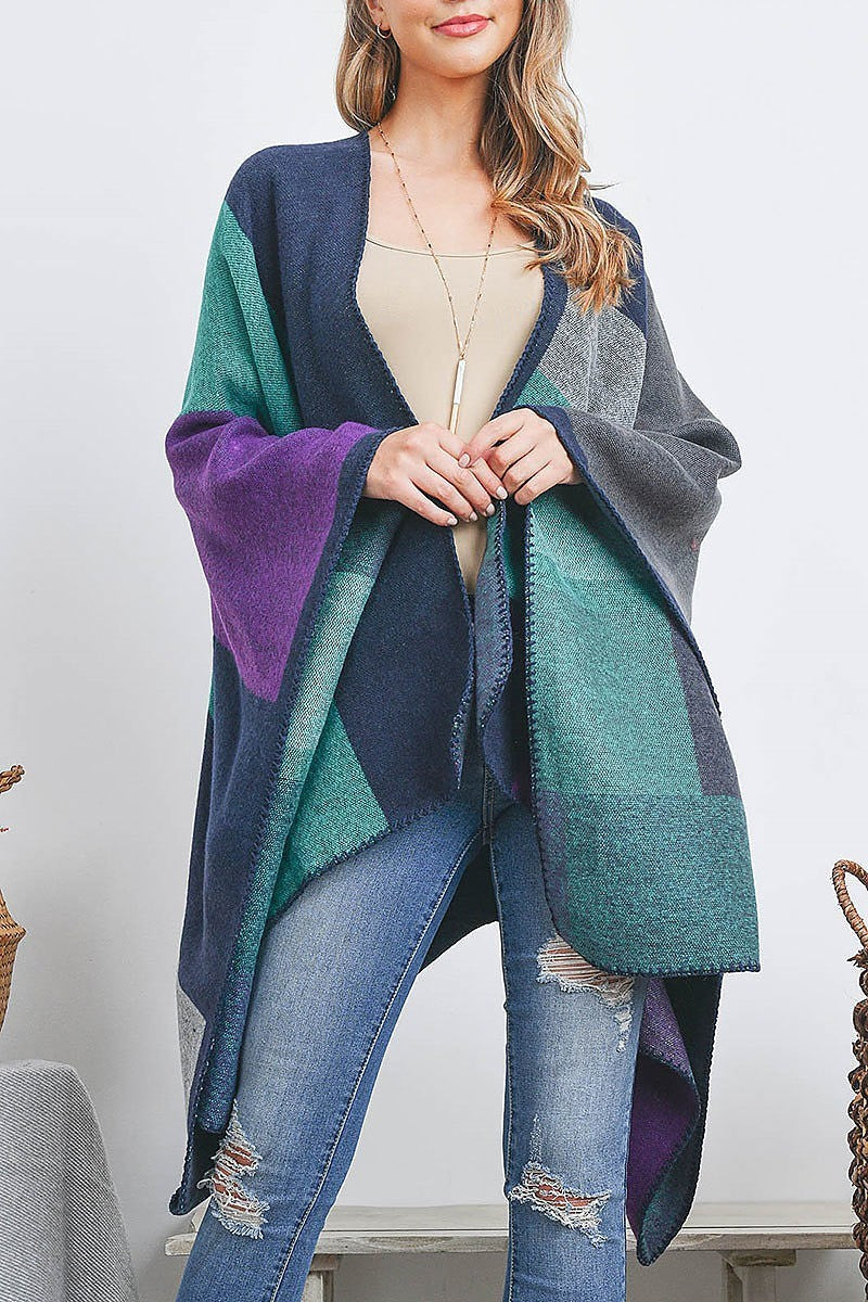 Open front geometric rectangel print ruana wrap kimono (DGS5509)