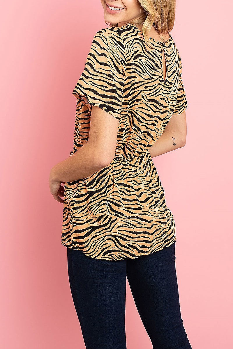 Waist tie round neck animal print top (ED7964)