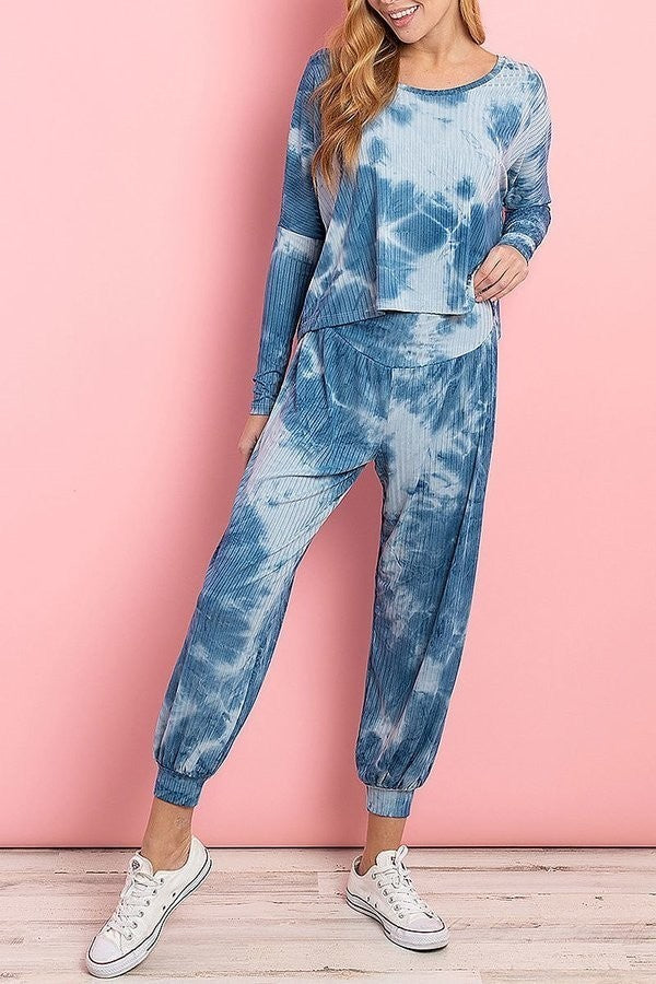 Tie dye ribbed knit top and pant set (ED8465-2)