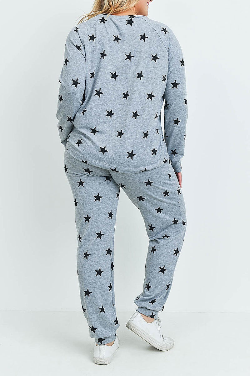 Plus size star print top and joggers set with self tie (XDG7033)