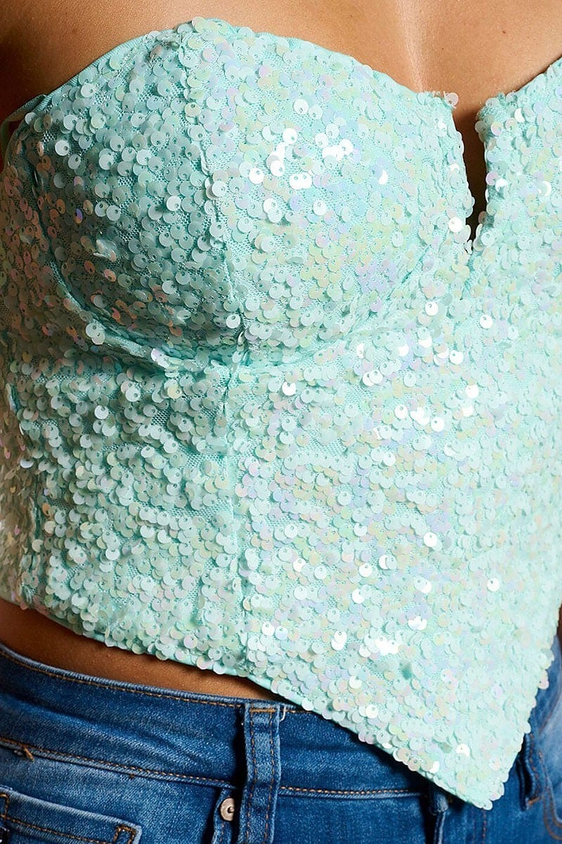 Sleeveless v-neck sequins tube crop top (EGWT1932)