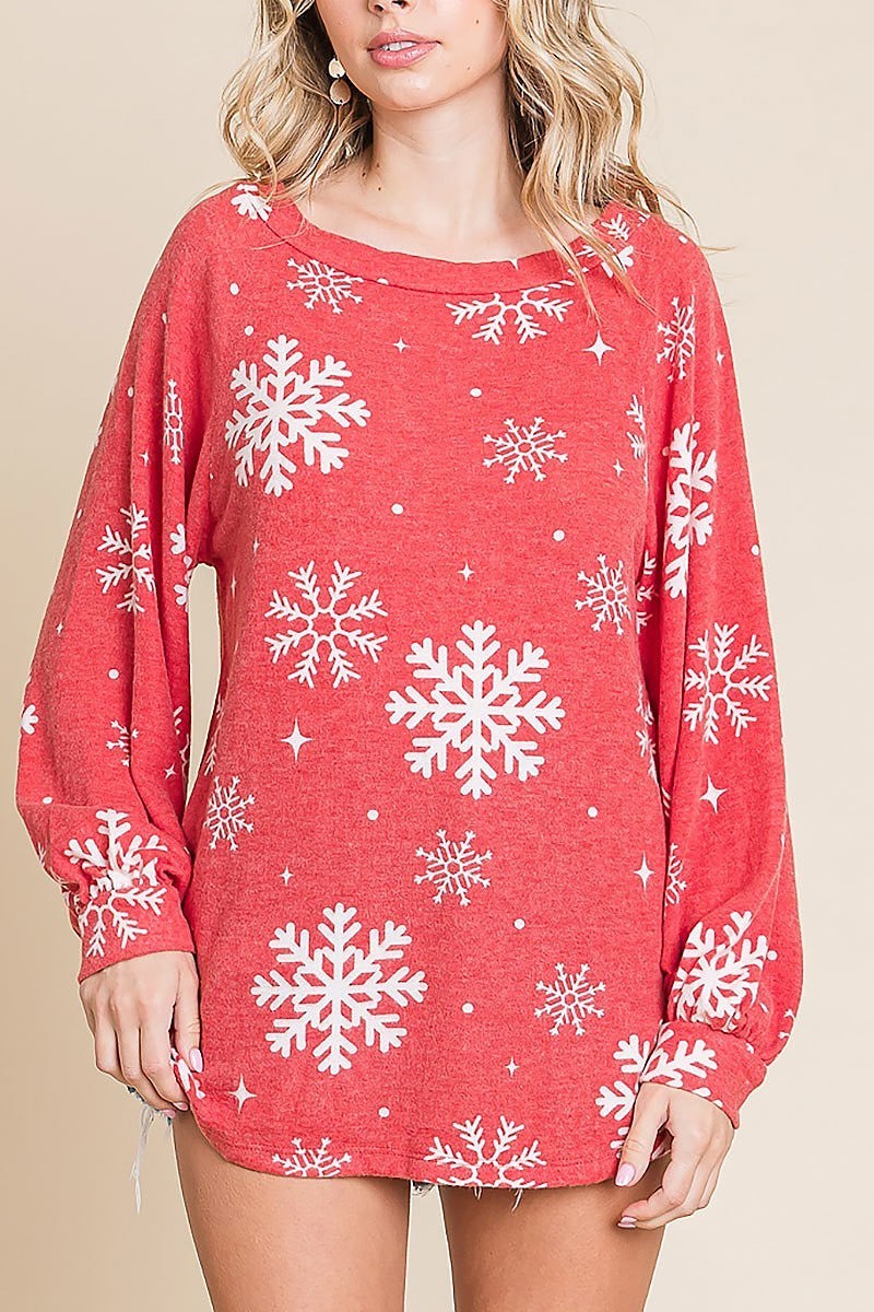 Snow flake print raglan sleeve knit top (EDH1940)