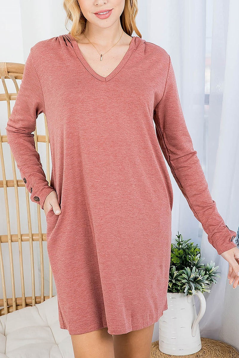 Button detail sleeve hoodie tunic dress (DED7700)