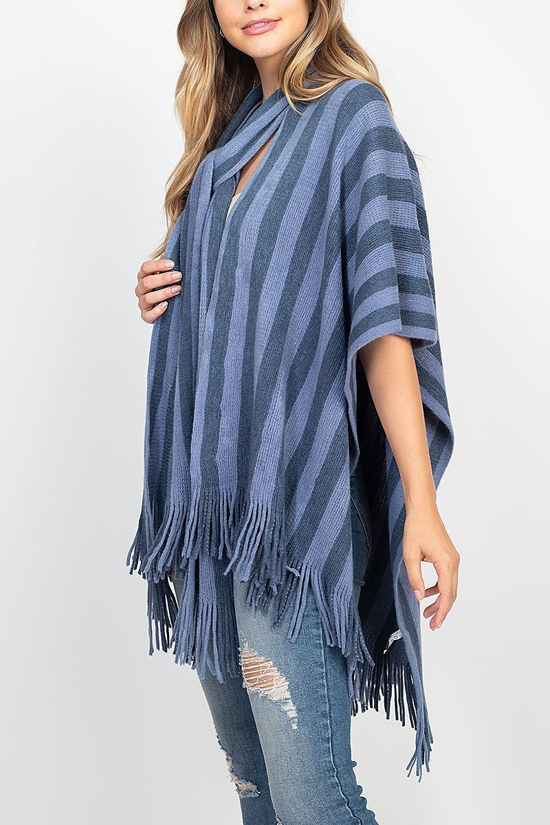 Stripe open front fringe kimono w scarf (DGS5453)