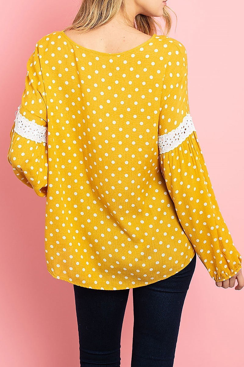 Lace trim bubble sleeve polka dot print top (ED7963-1)