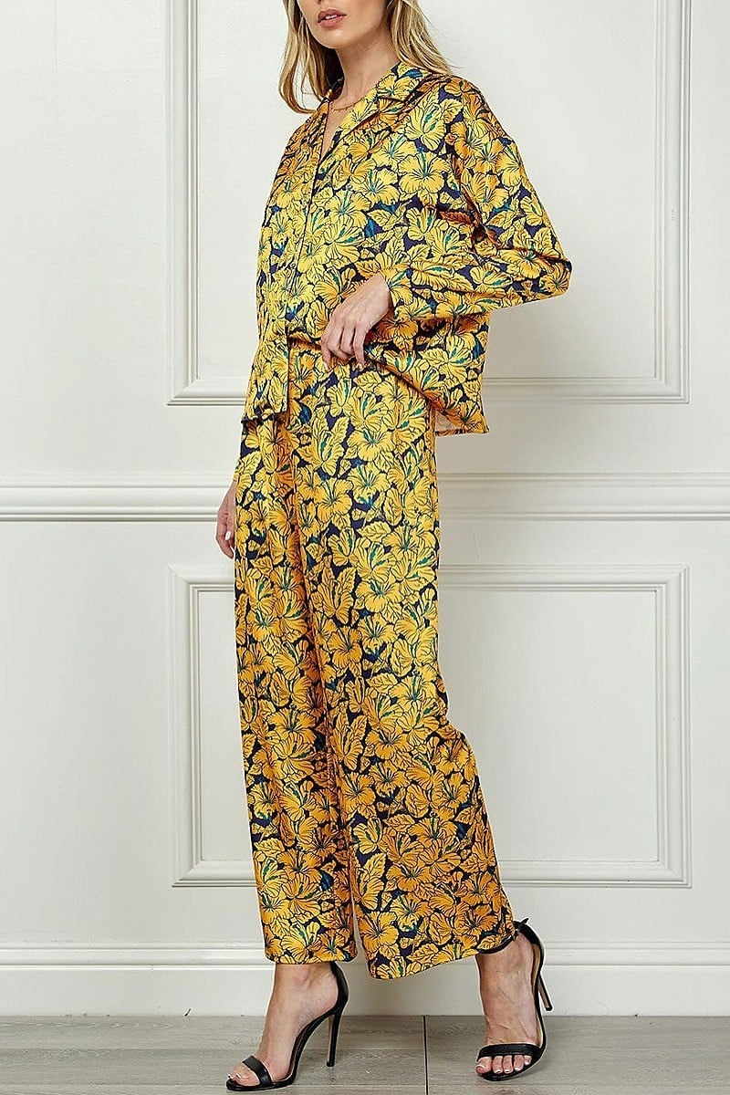 Long sleeve blouse top & wide leg pants floral set (EGWT1334)