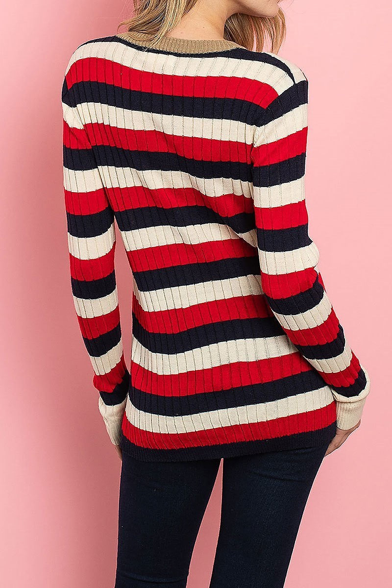 Round neck ribbed knit stripe top (ED7912)