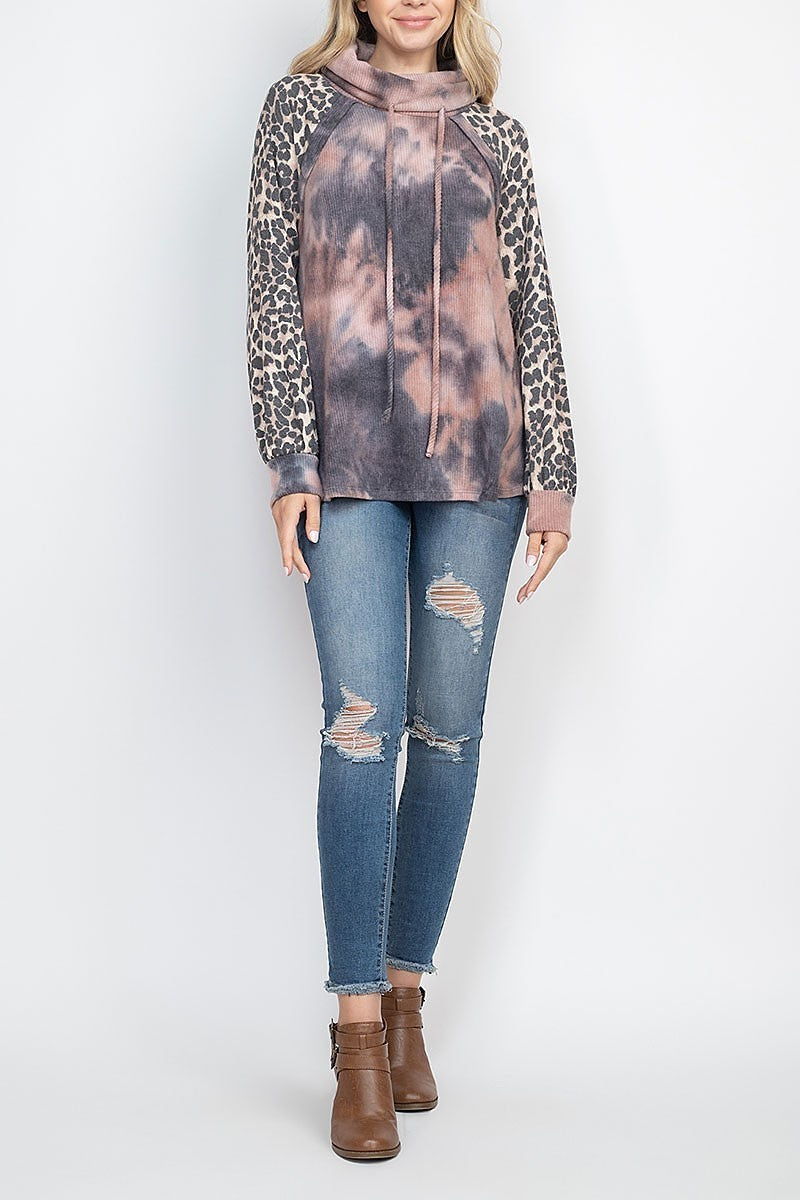 Leopard tie dye cowl neck top with self tie (EF1952)