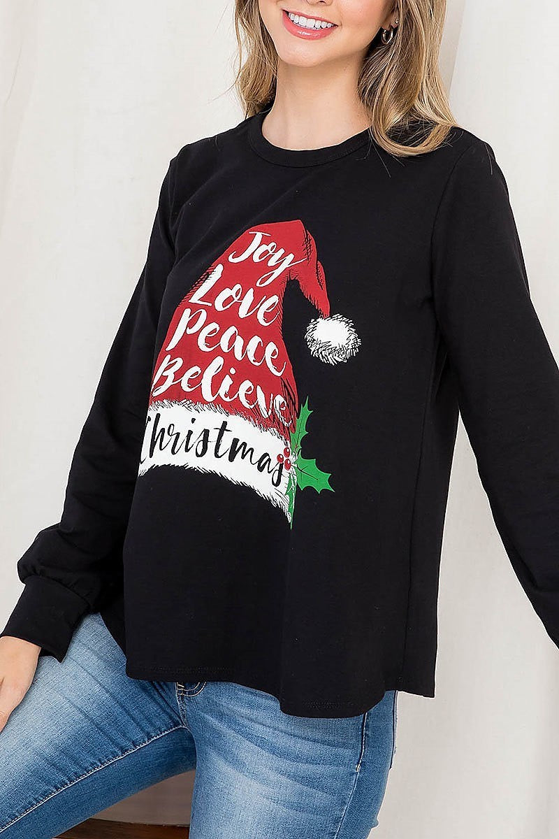 Santa hat print long sleeve top (EF2737)