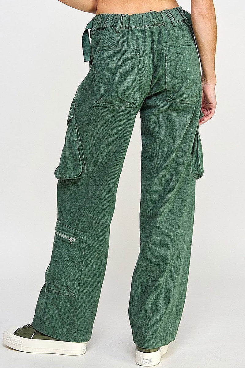 Button closure cargo pockets wide leg pants (EGWT2546)