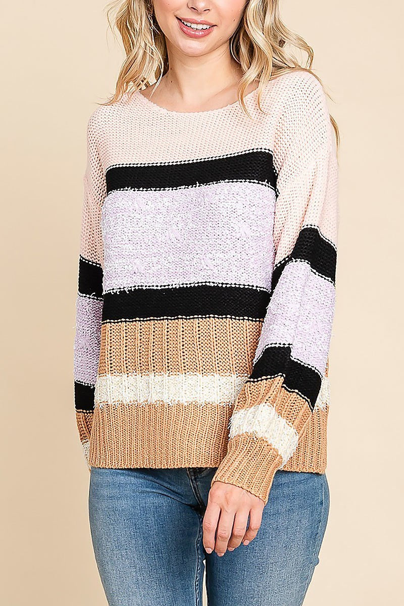 Color contrast wide boat neck sweater top (EDH1409)