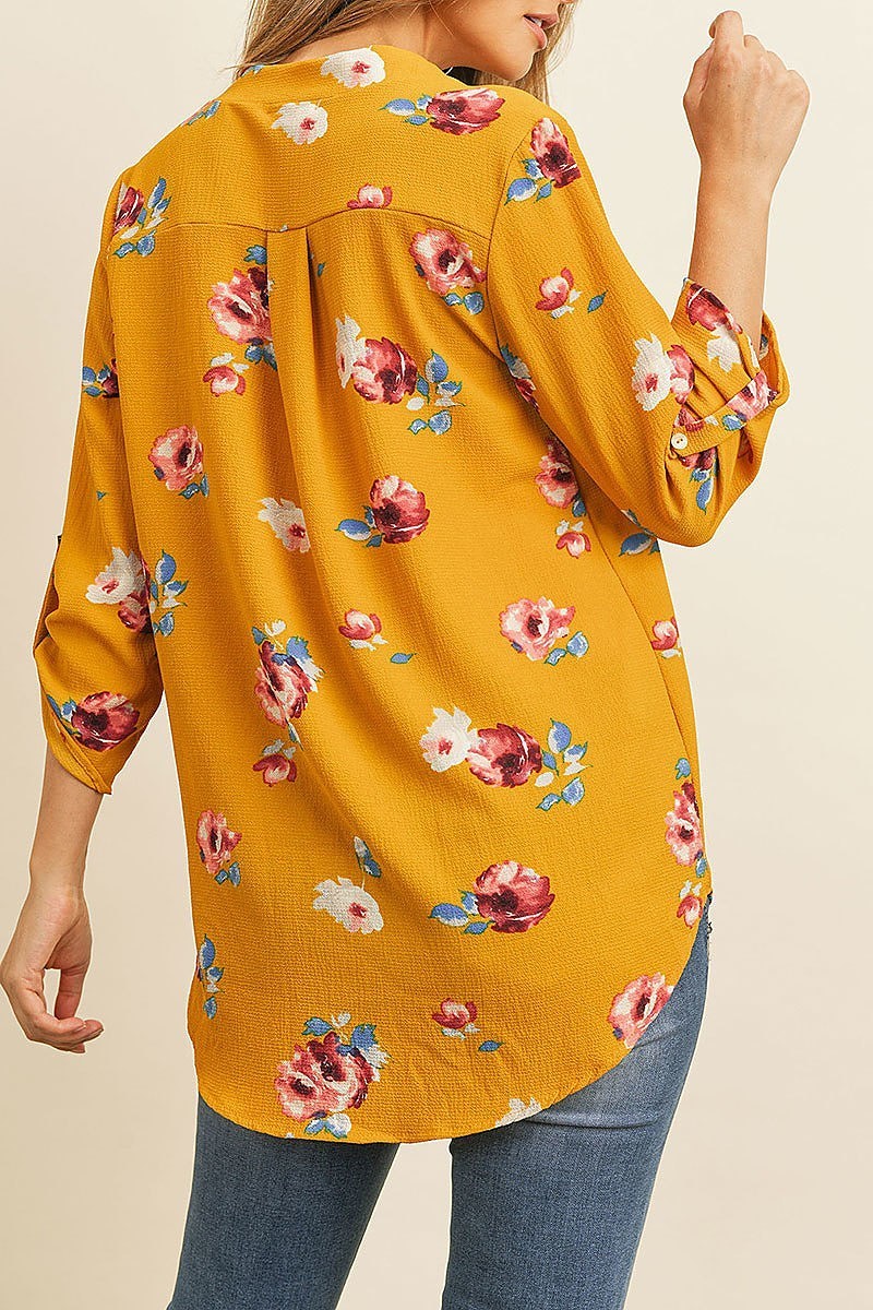 Roll up sleeve floral print v neck top (ED8085)