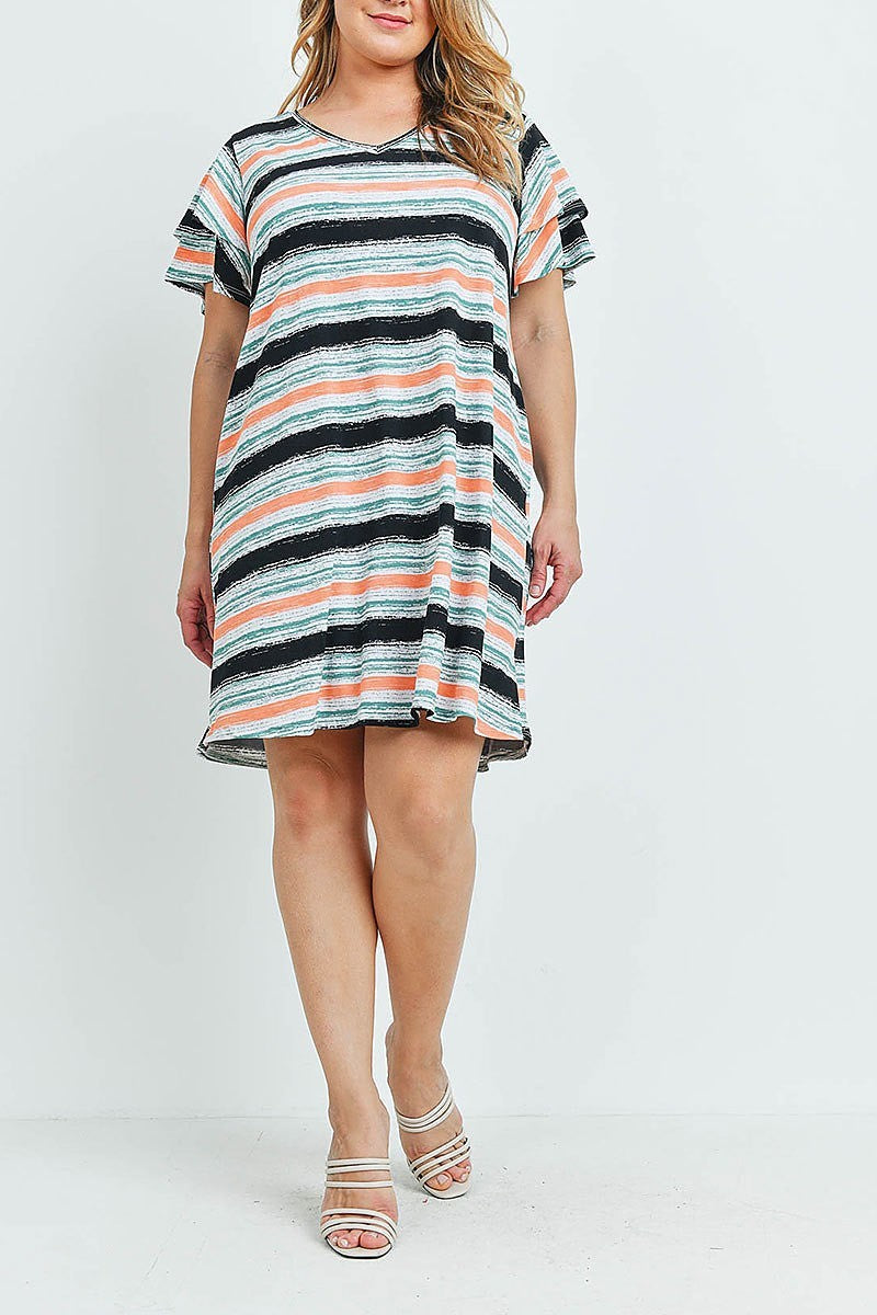 Layered ruffle sleeves v neck stripes plus size dress (XDG7121)