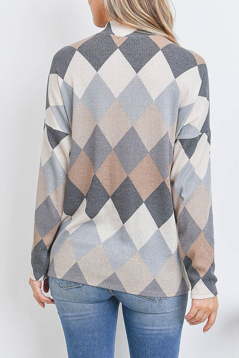 Mock neck long sleeve checkerboard top (EF2697)