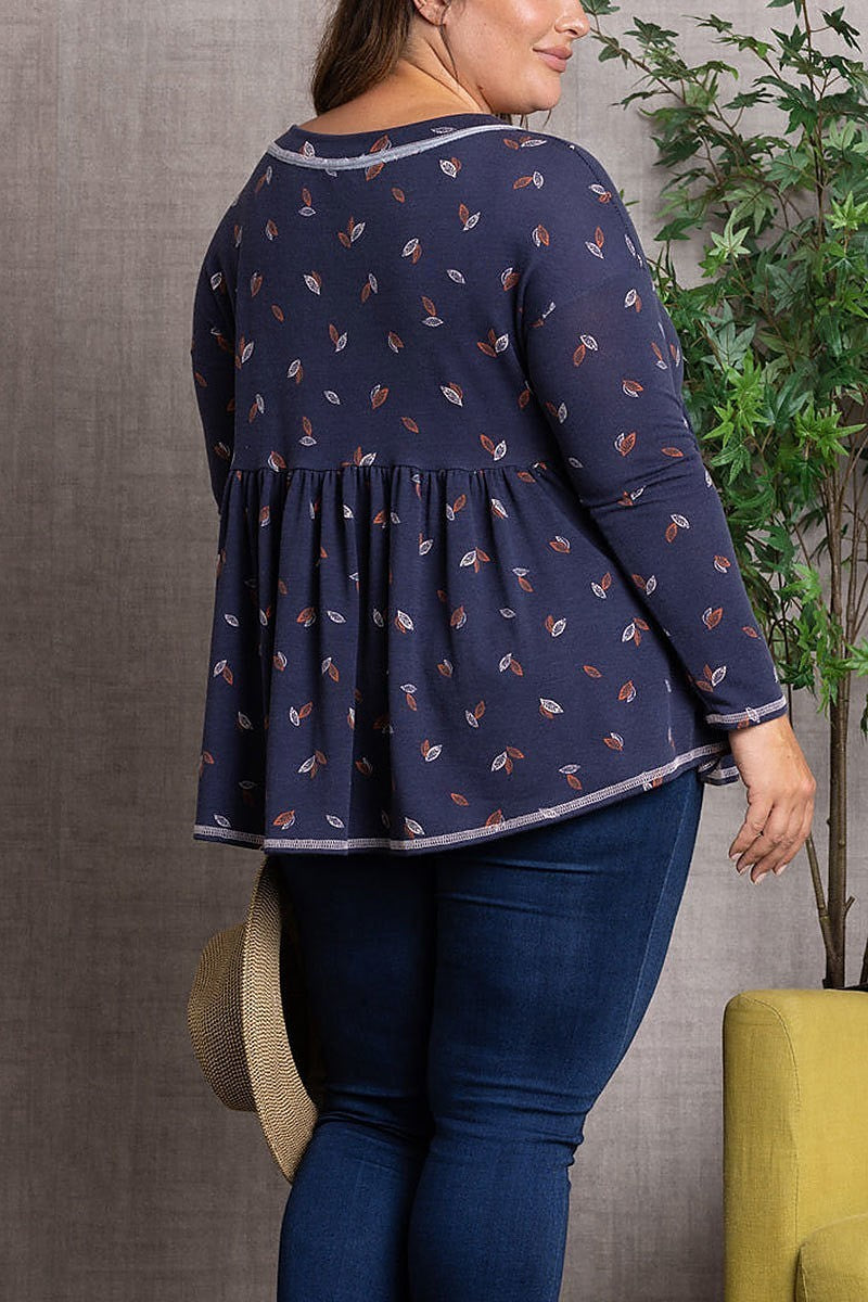 Fall leaves print baby-doll style plus size top (EDSW3399)