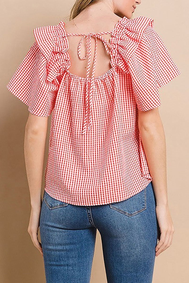 Gingham square neck ruffled blouse top (EDSW4494)