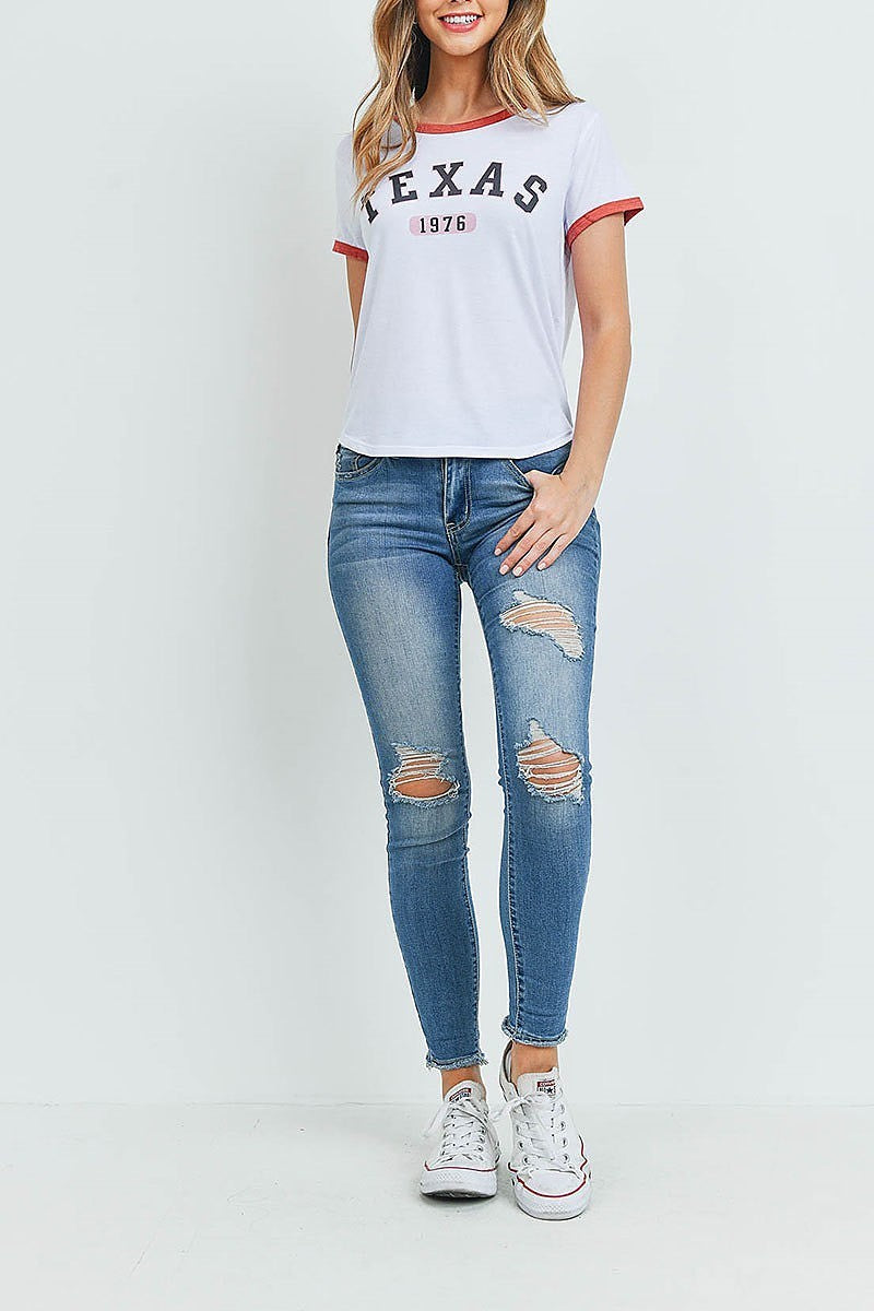 Round neck texas graphic color block top (ED9615)