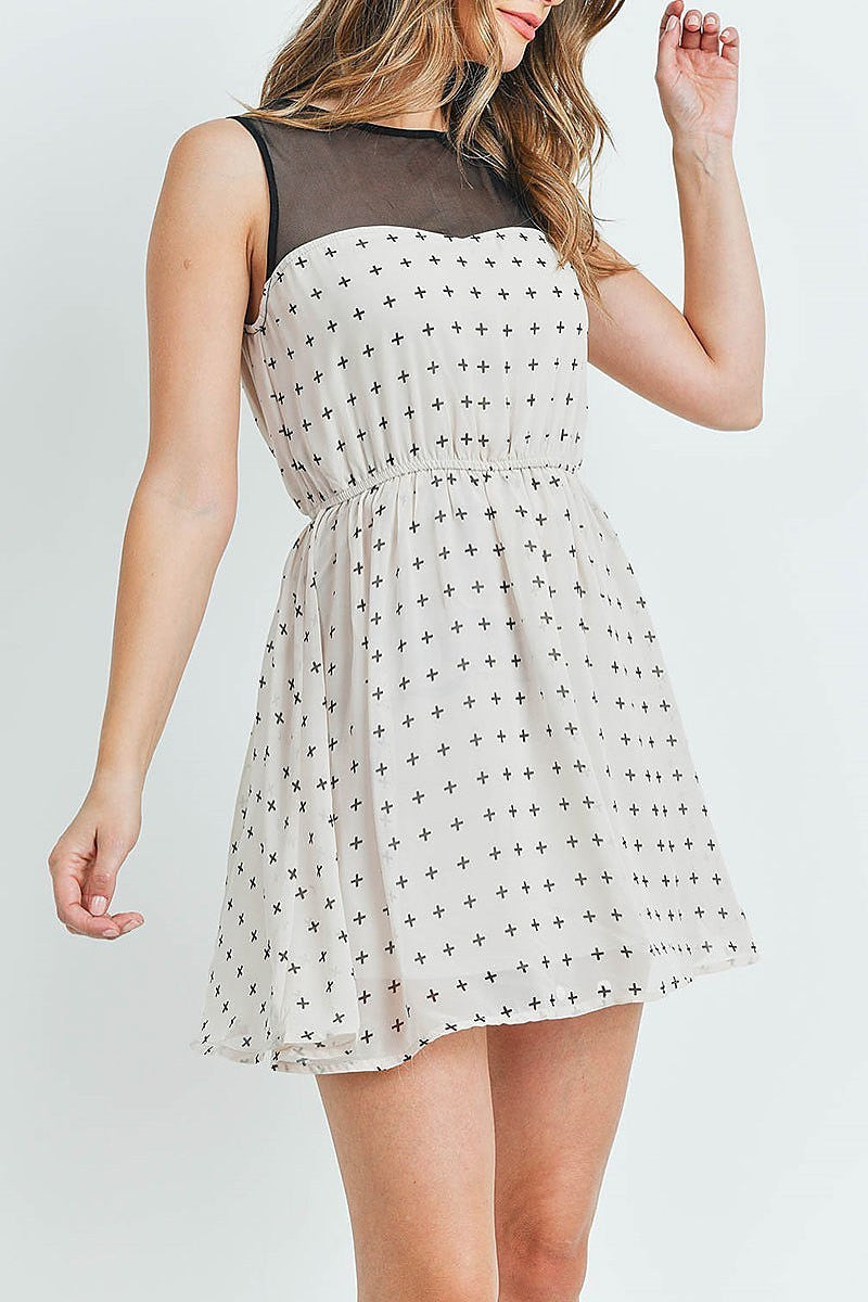 Contrast sheer top sweetheart geo print dress (DED5812-1)