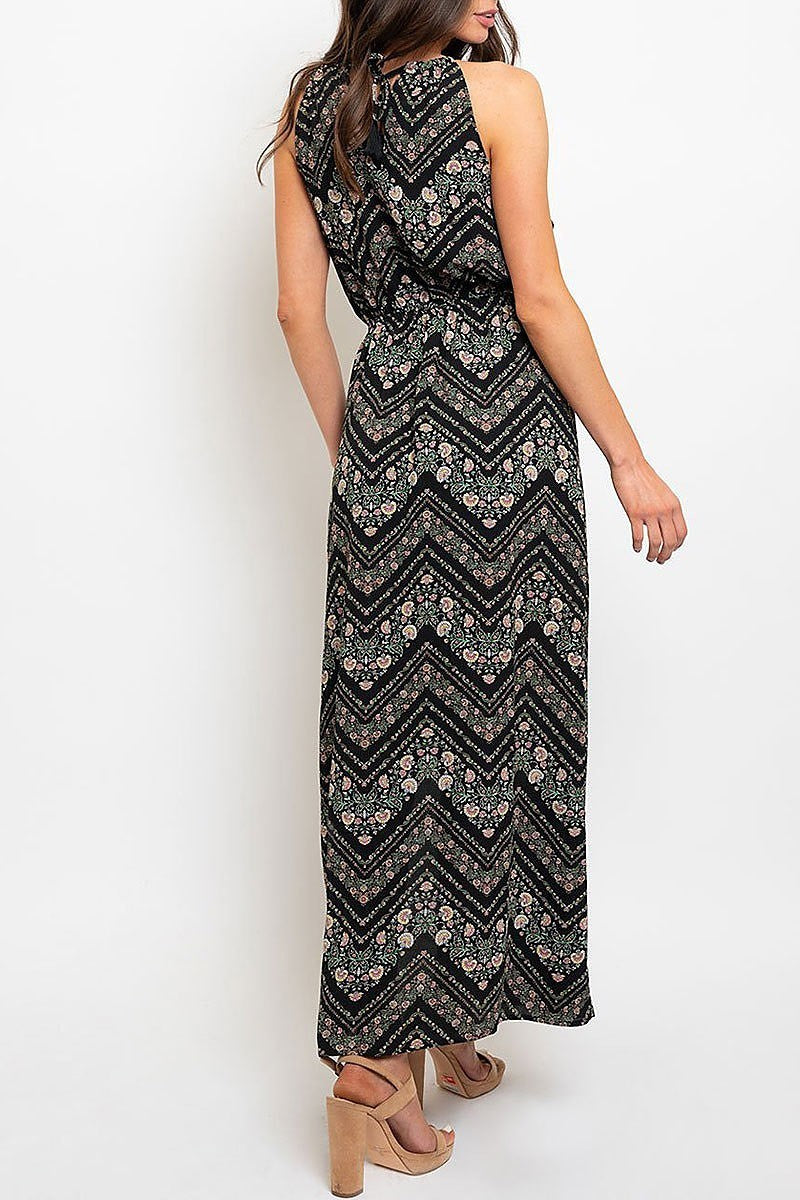 Chevron floral print slit detail maxi dress (EDWT2268)