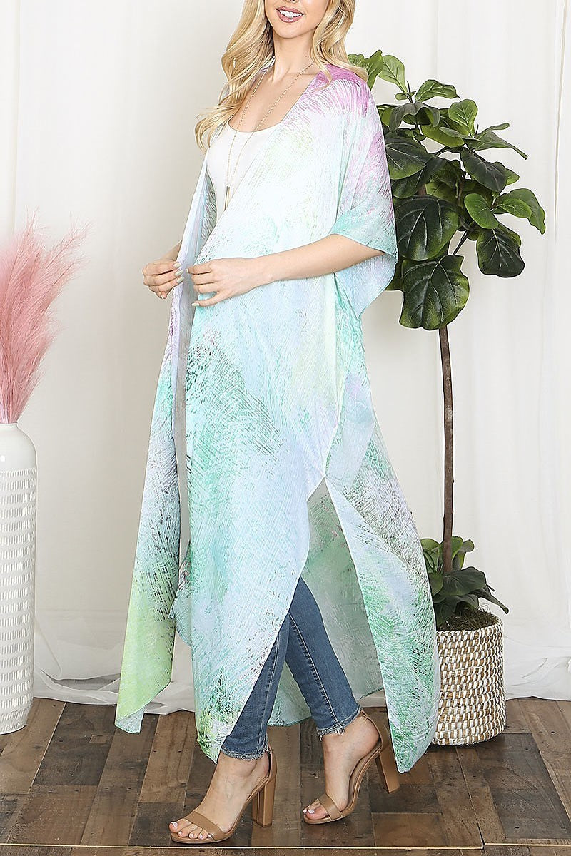 Tie dye multicolor splatter line print open front long kimono (EF5608)