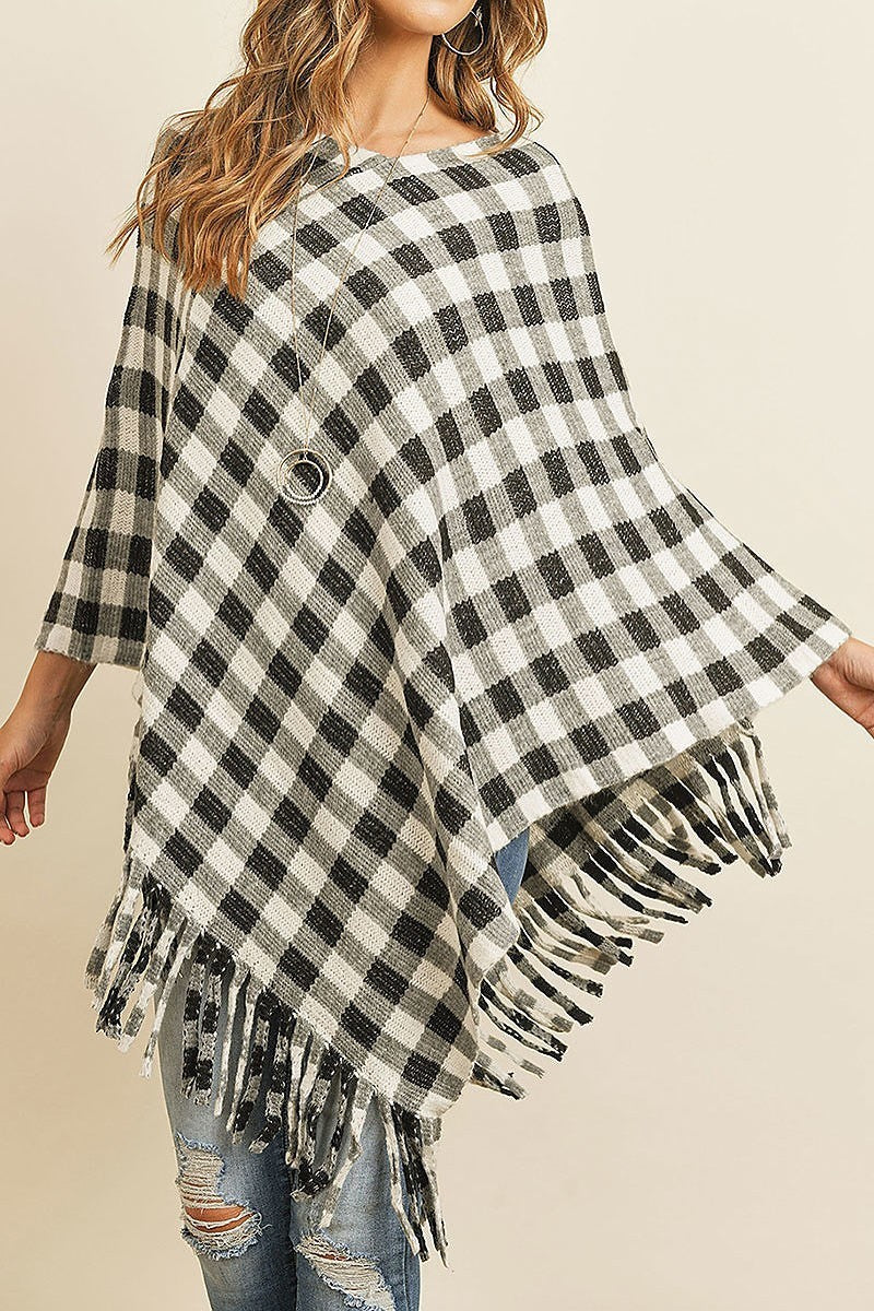 Fringe detail buffalo plaid poncho kimono (DGS4956)