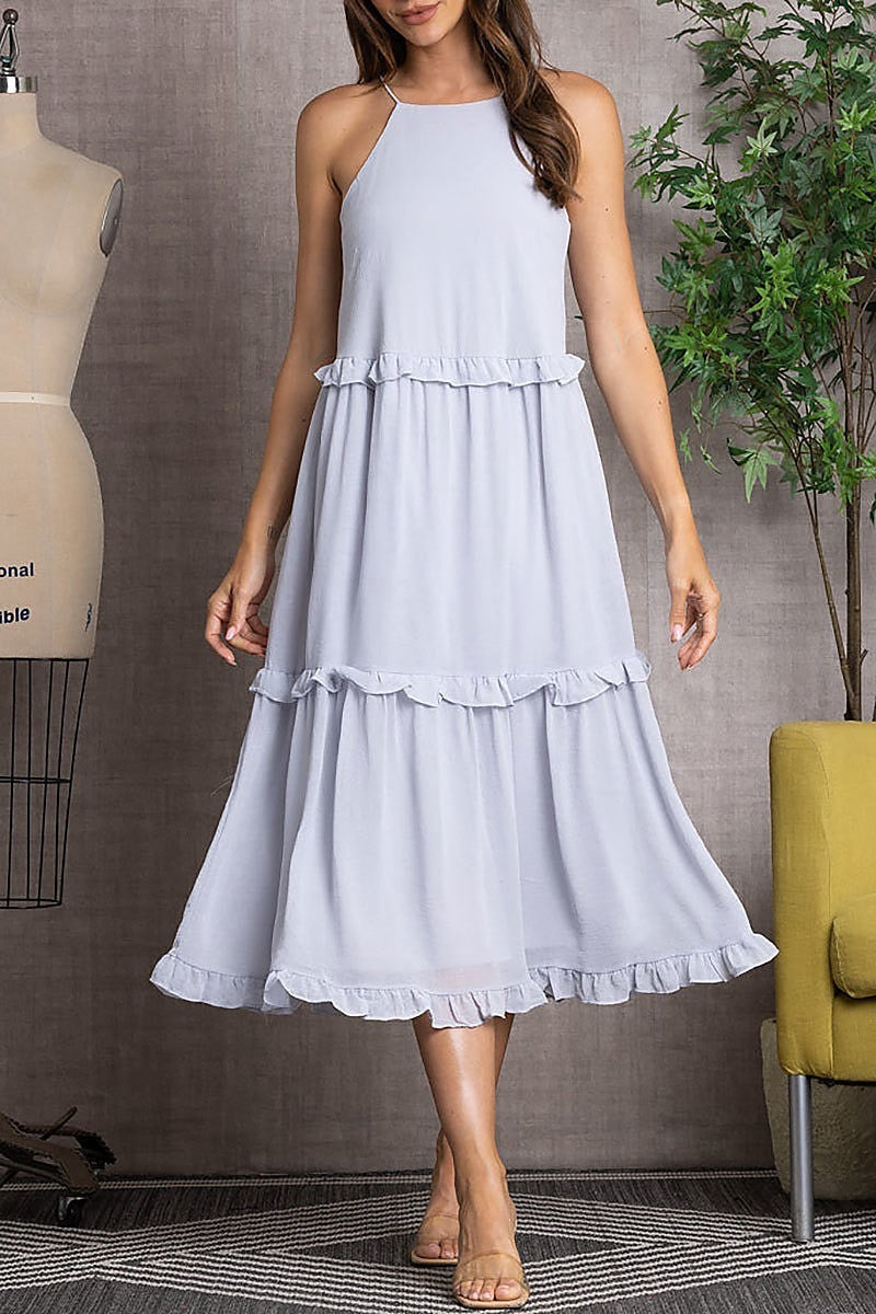 Crinkled halter neck ruffled midi dress (EDSW3287)