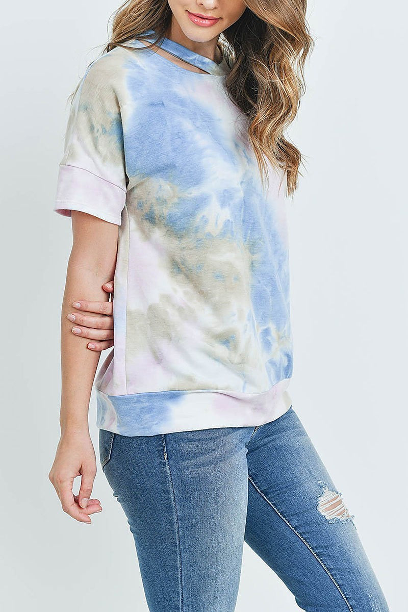 Cutout neckline tie dye banded hem top (ED9157)