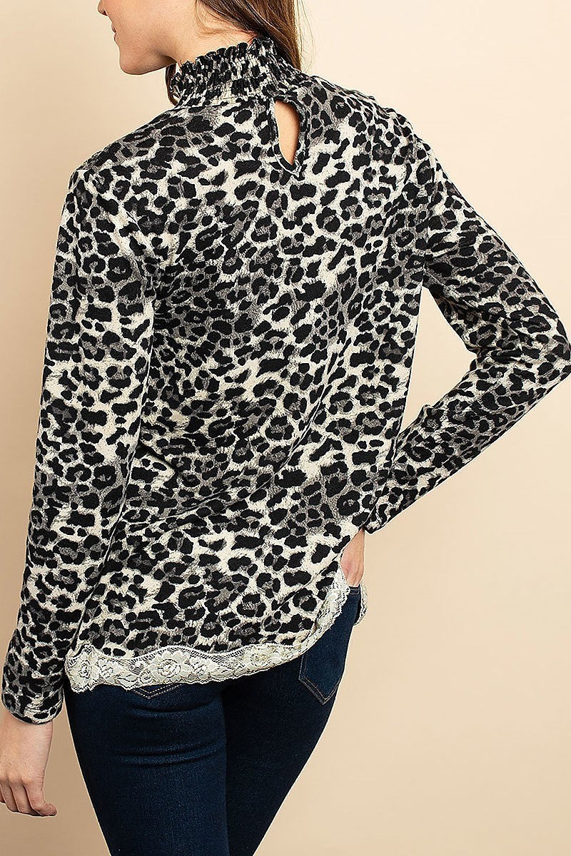 Long sleeve mock neck lace trim hem animal print blouse top (DGS4992-2)