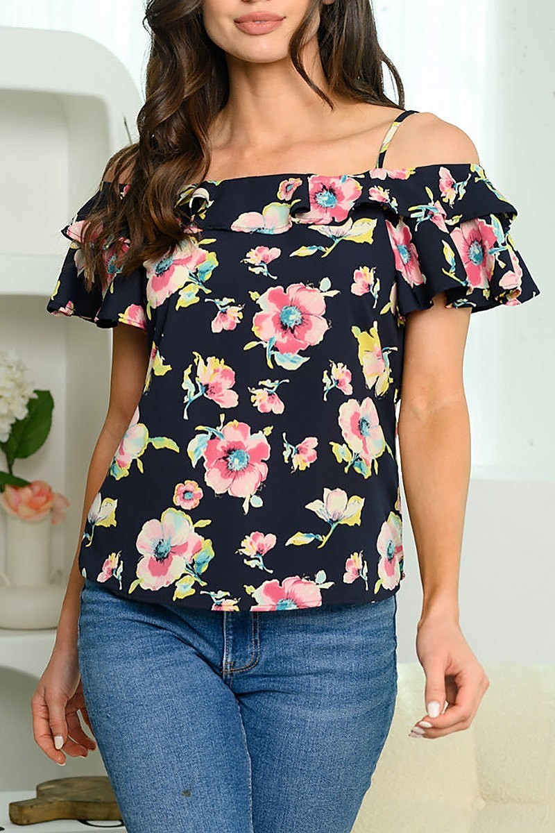 Cold shoulder ruffle floral top (EDWT6071)