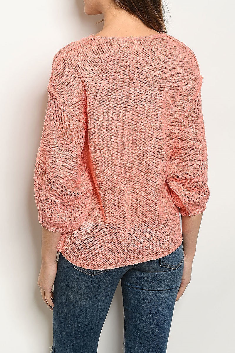 V neck crochet bubble sleeve sweater (DGS4848-3)