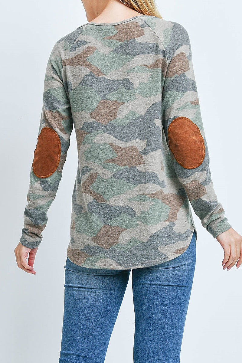 Suede elbow patch long sleeve camo top (EF2538)