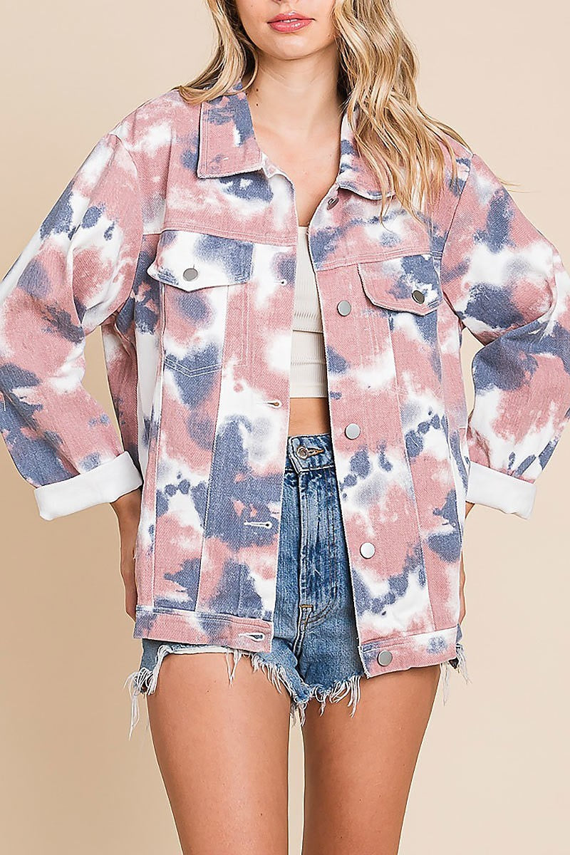 Tie dye print buttoned front collar denim jacket (EDH1878)