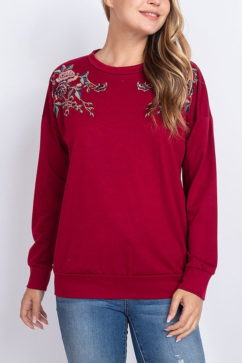 Floral embroidered detail round neck top (EF1893)