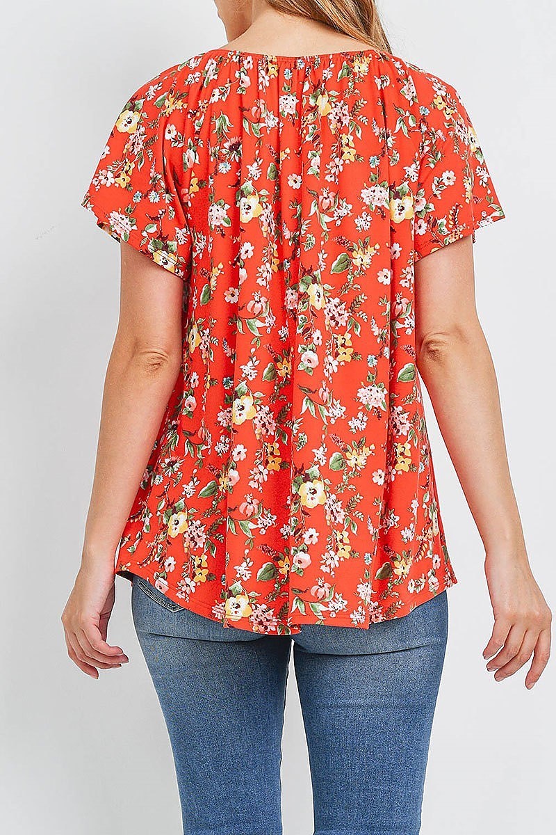 Front tie off shoulder hi low floral top (EF1856)