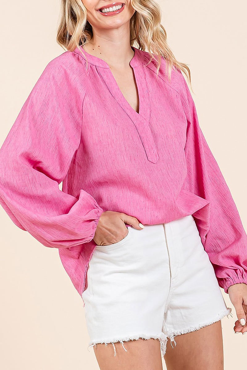 Solid long sleeve woven gauze v-neck blouse (EDH2224)