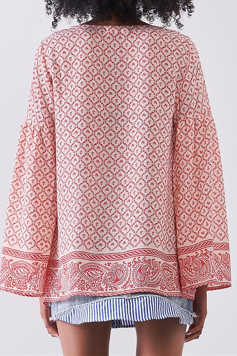 Paisley border print bell sleeve top (TDG8173)