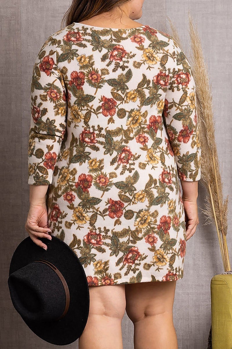 Floral print3/4 sleeves soft plus size mini dress (EDSW3584)