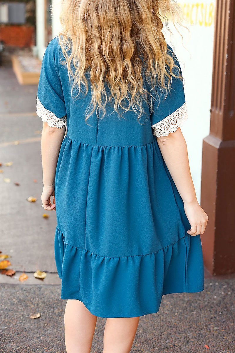 Crochet lace short sleeve crepe pocketed dress (ETBM4579)