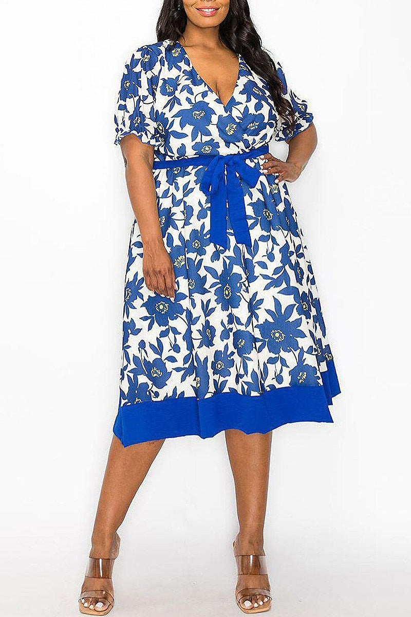 Short sleeve surplice self tie floral midi dress (EFWT8227)