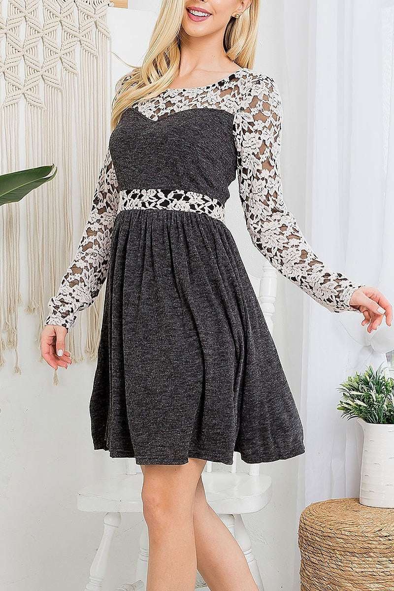 Round neck lace long sleeves high waist dress (DED7237)