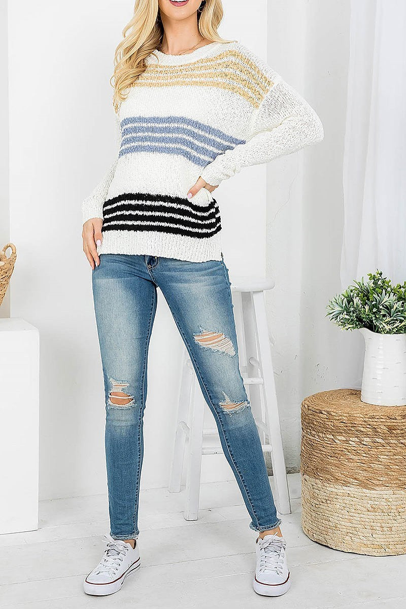 Multi stripe round neck knitted top (DGS5720)