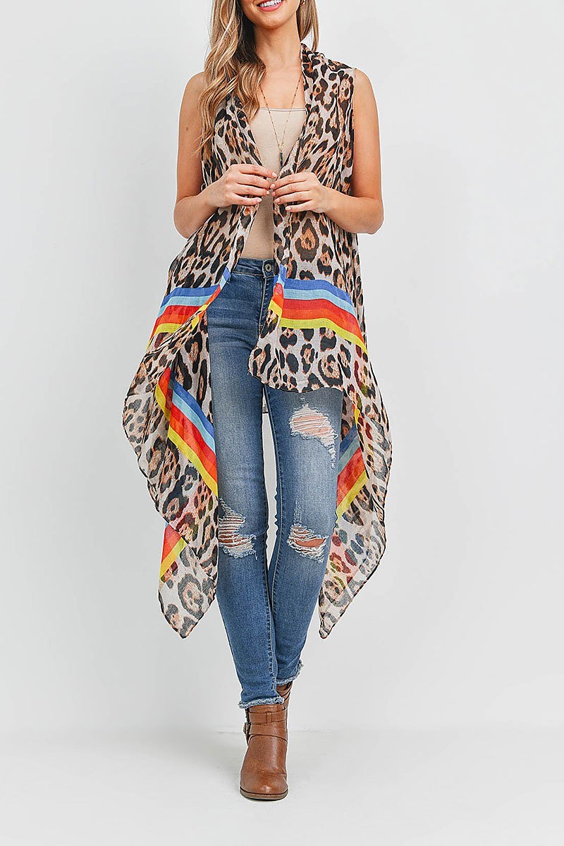 Rainbow stripe animal print asymmetrical hem vest kimono (EF1733)